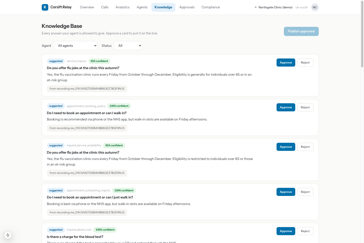 The knowledge queue: drafts extracted from call recordings awaiting approval