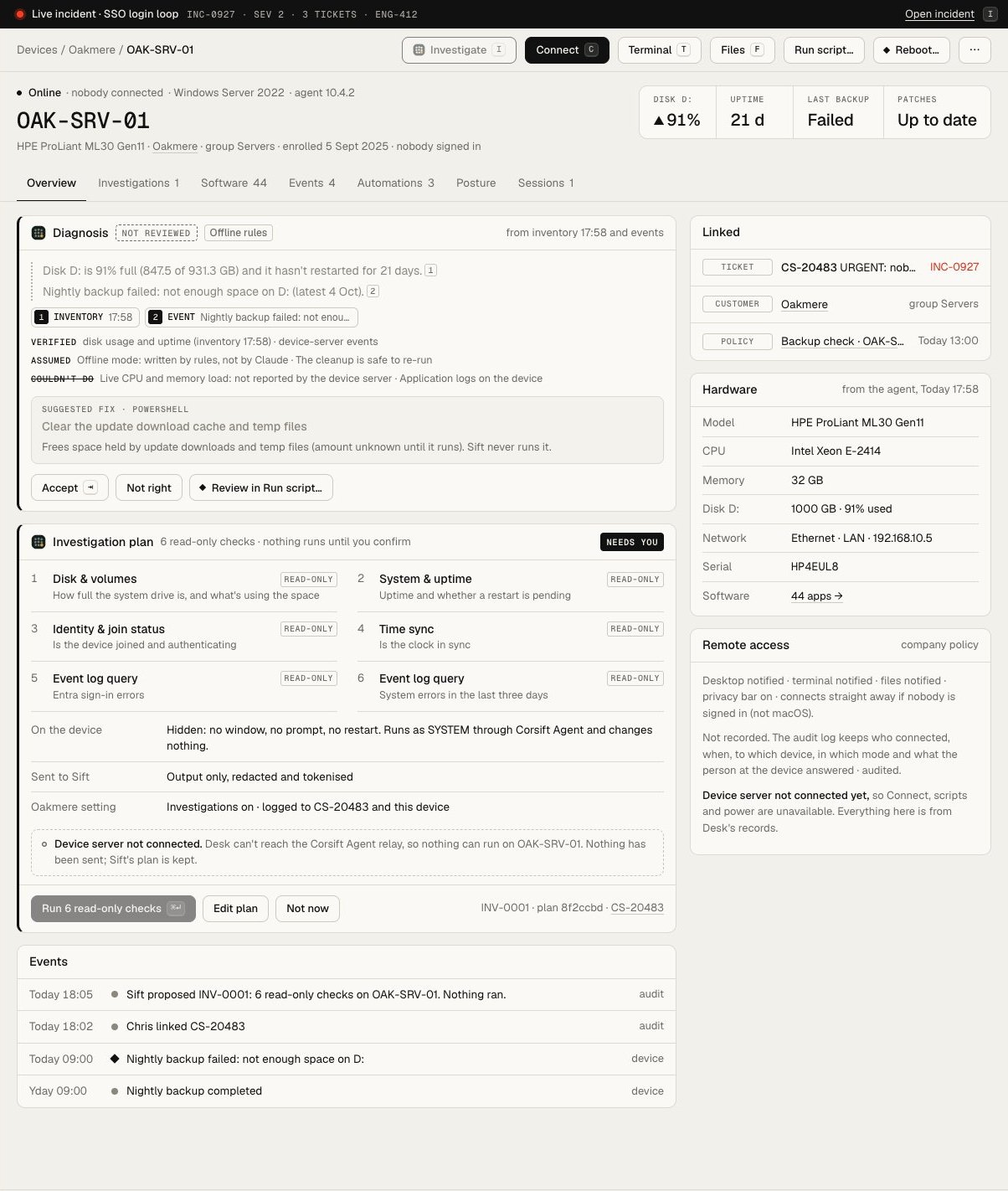 A device page with Sift's diagnosis and a six-step read-only investigation plan