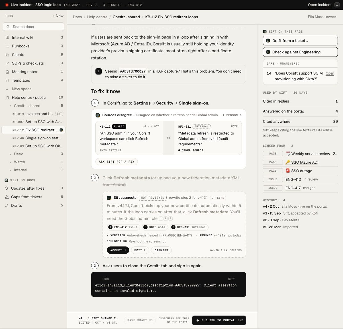 Desk docs with a Sift suggestion to update a help centre article